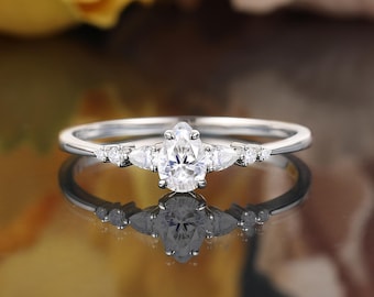Pear shaped moissanite engagement ring, Prong set diamond white gold ring, Anniversary bridal ring gift for her, Promise wedding ring women