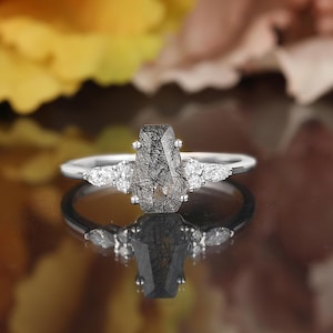 Coffin cut black rutilated quartz ring, moissanite solid gold engagement ring, art deco diamond bridal ring vintage anniversary wedding band