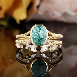 Oval cut moss agate yellow gold bridal set Bezel set engagement ring Marquise cut moissanite stacking wedding band Diamond anniversary ring