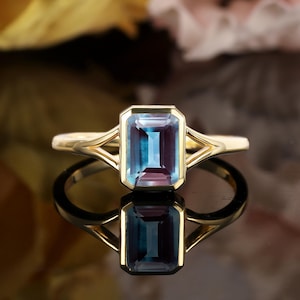 Emerald cut lab alexandrite engagement ring Solitaire yellow gold wedding ring Art deco split band bezel set ring Promise anniversary ring