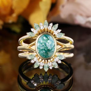 Oval moss agate yellow gold bridal set Bezel set engagement ring Moissanite marquise cut Enhancer wedding band Diamond guard wrap band ring
