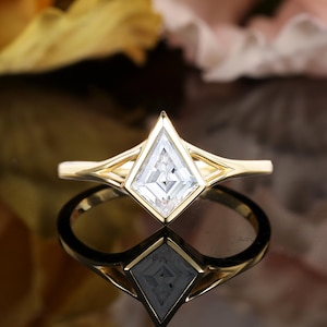 Kite cut moissanite engagement ring, Vintage solitaire yellow gold ring, Art deco split band bezel set ring, Promise anniversary bridal ring