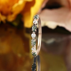 Marquise cut moss agate wedding band, unique moissanite rose gold ring, half eternity diamond matching wedding ring, stacking promise ring
