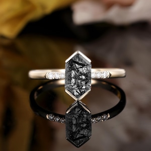 Long hexagon cut black rutilated quartz engagement ring, Vintage art deco moissanite rose gold ring, Promise anniversary ring gift for her