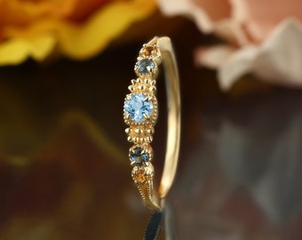 Round cut aquamarine engagement ring, London blue topaz citrine wedding ring, Vintage milgrain art deco ring, half eternity bridal ring