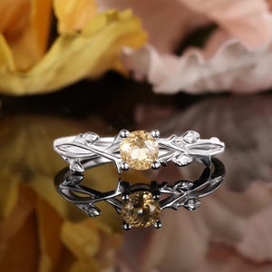 Solitaire citrine leaf white gold engagement ring, Nature inspired anniversary bridal ring, Promise branch twig twisted curved wedding ring