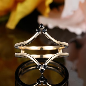 Double Curved Enhancer wedding band Black onyx yellow gold wedding ring Black diamond Cluster Wrap Band Ring Promise stacking matching Band