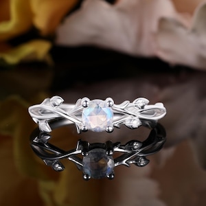 Solitaire moonstone white gold engagement ring, Nature inspired anniversary bridal ring women, Leaf branch twig twisted curved wedding ring