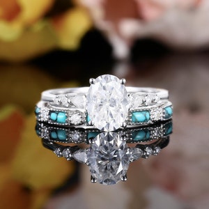 Oval cut moissanite engagement ring bridal set, pear shaped diamond white gold ring, baguette cut turquoise milgrain stacking wedding band