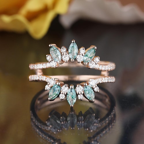 Curved Moss Agate Wedding Band, Double Enhancer Solid Gold