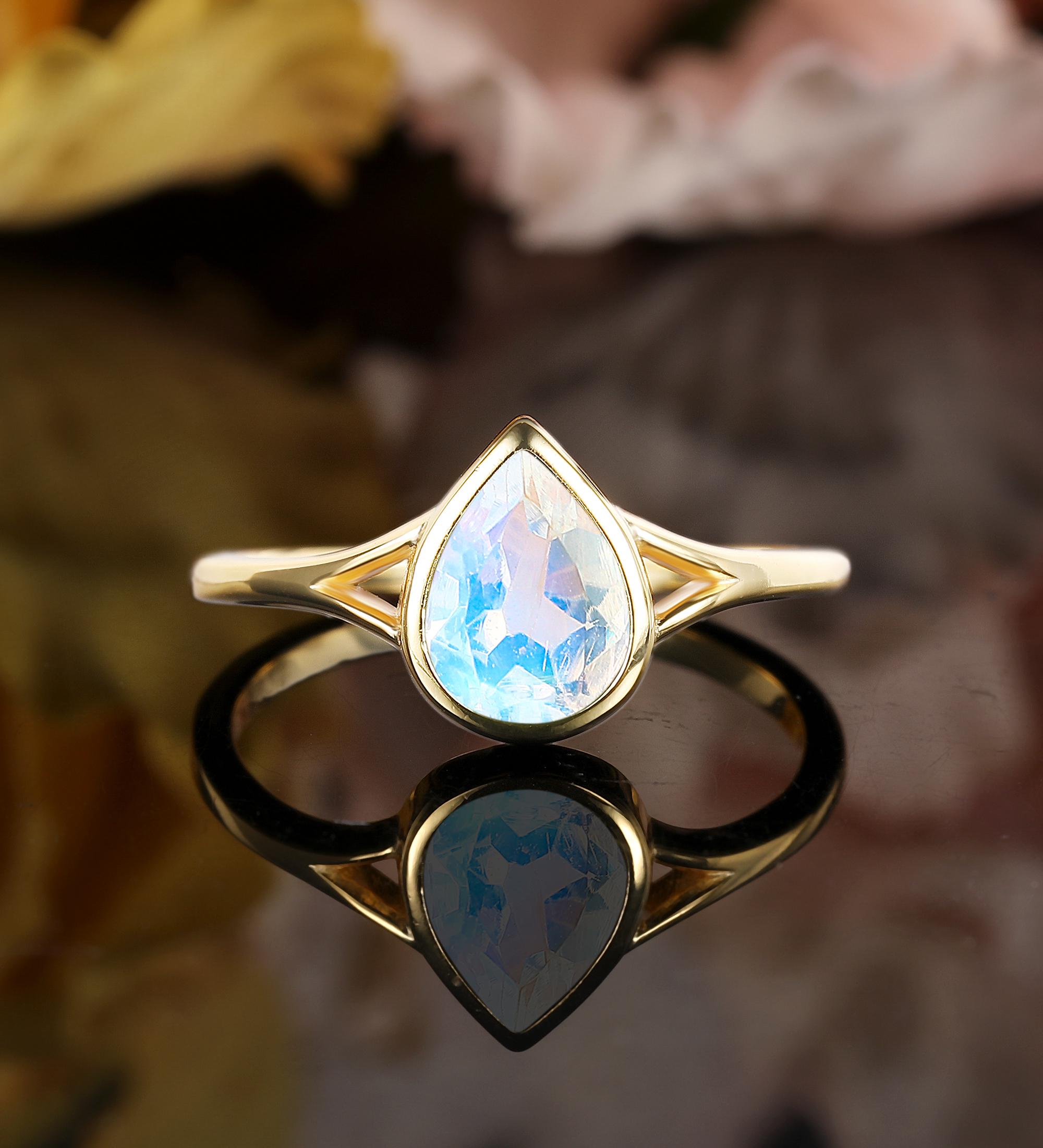 Pear Shaped Moonstone Engagement Ring Solitaire Yellow Gold