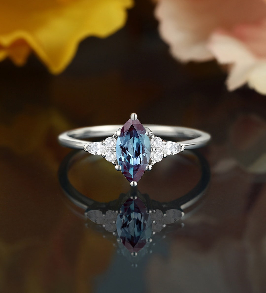 Marquise Cut Lab Alexandrite Ring, Vintage Moissanite White Gold Ring ...