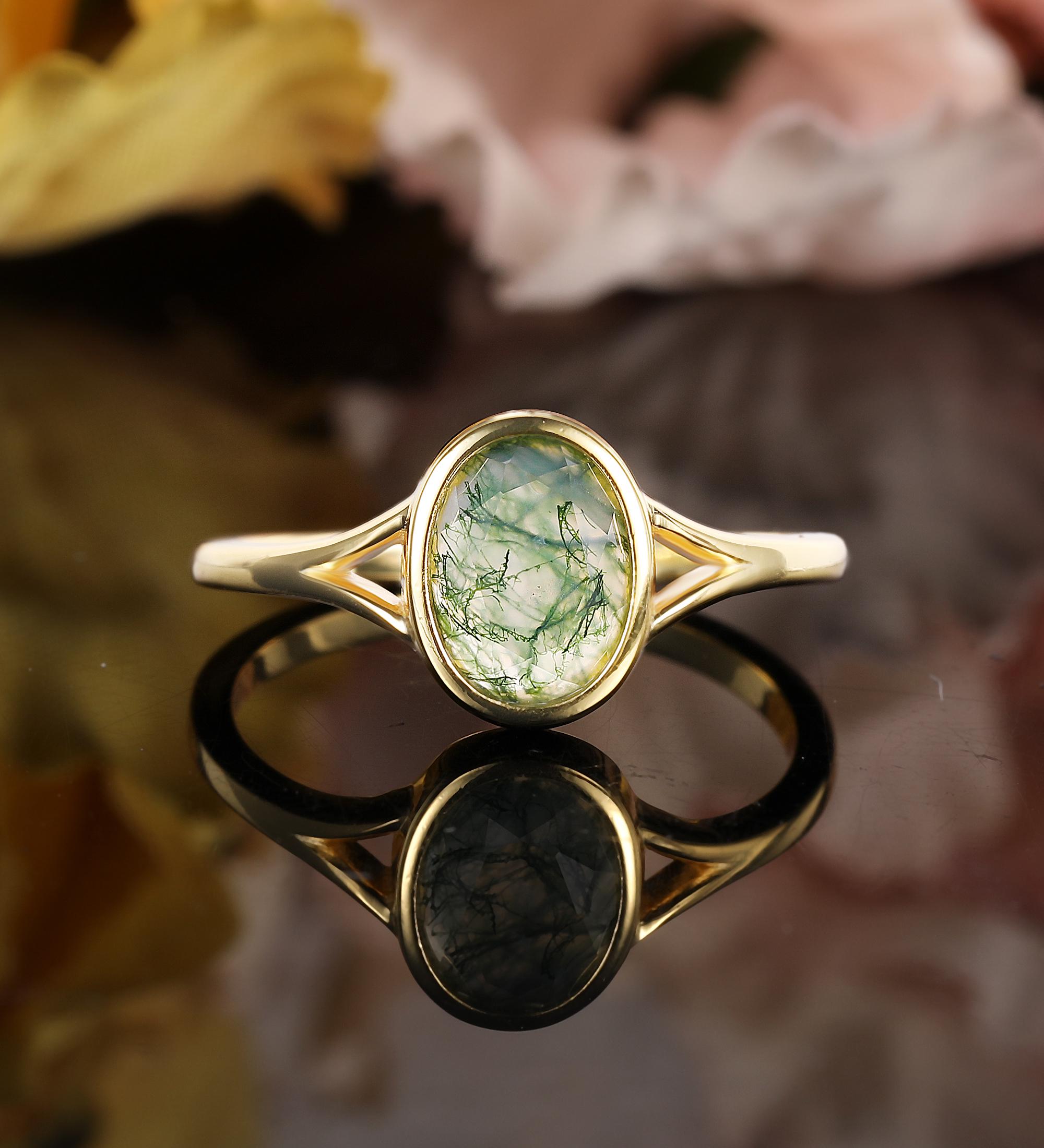 Oval geschliffener Moosachat Verlobungsring, Solitär Ehering aus Gelbgold, Vintage-Spaltband-Brautring, Versprechen Lünette Set