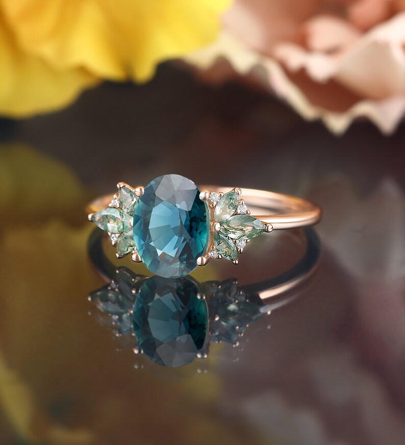Oval Teal Sapphire Engagement Ring, Marquise Cut Moss Agate Rose Gold Ring, Unique Moissanite