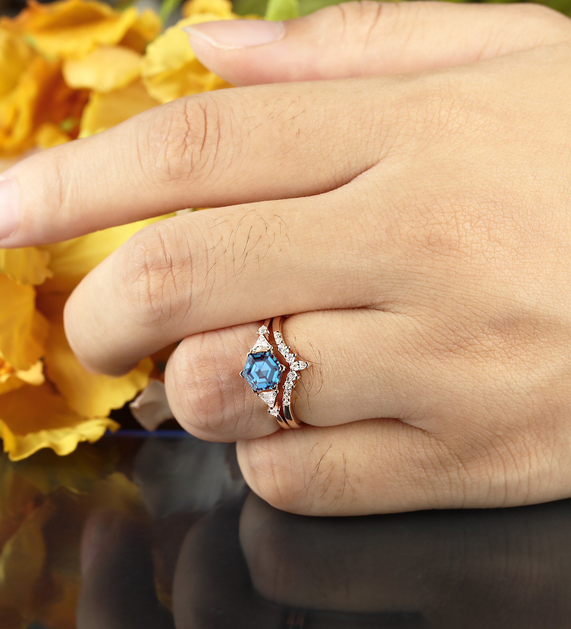 Hexagon Cut Lab Alexandrite Engagement Ring Triangle - Etsy