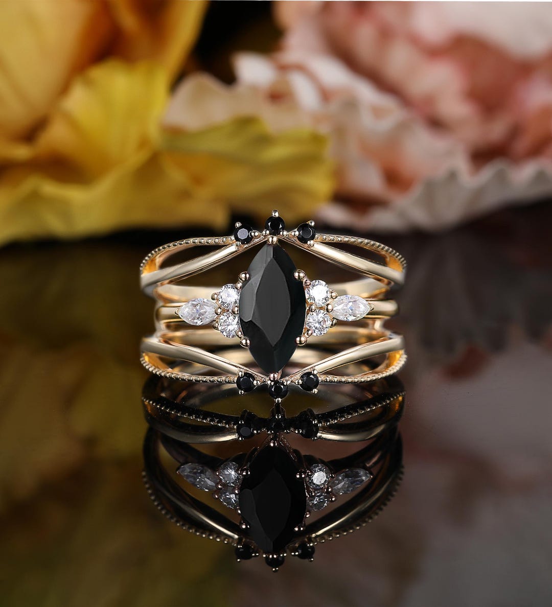 •BLACK ONYX - DEEP MARQUISE• split band silver ring (various sizes)