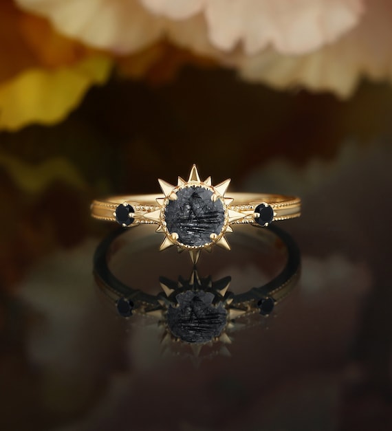 Black Rutilated Quartz Engagement Ring Unique Black Onyx Yellow