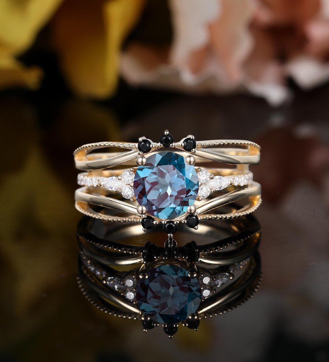 Lab Alexandrite Engagement Ring Yellow Gold Marquise Cut Half Eternity ...