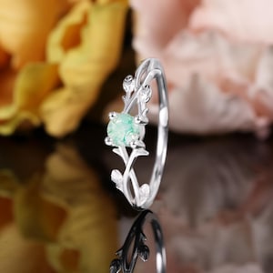 Solitaire moss agate leaf white gold engagement ring Nature inspired anniversary bridal ring Promise branch twig twisted curved wedding ring