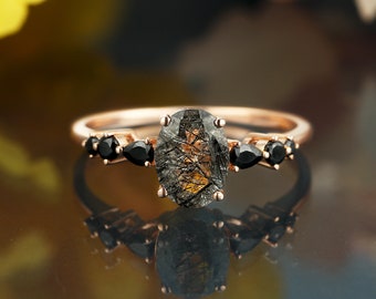 Oval cut black rutilated quartz ring vintage rose gold engagement ring black onyx diamond bridal ring unique anniversary wedding ring women