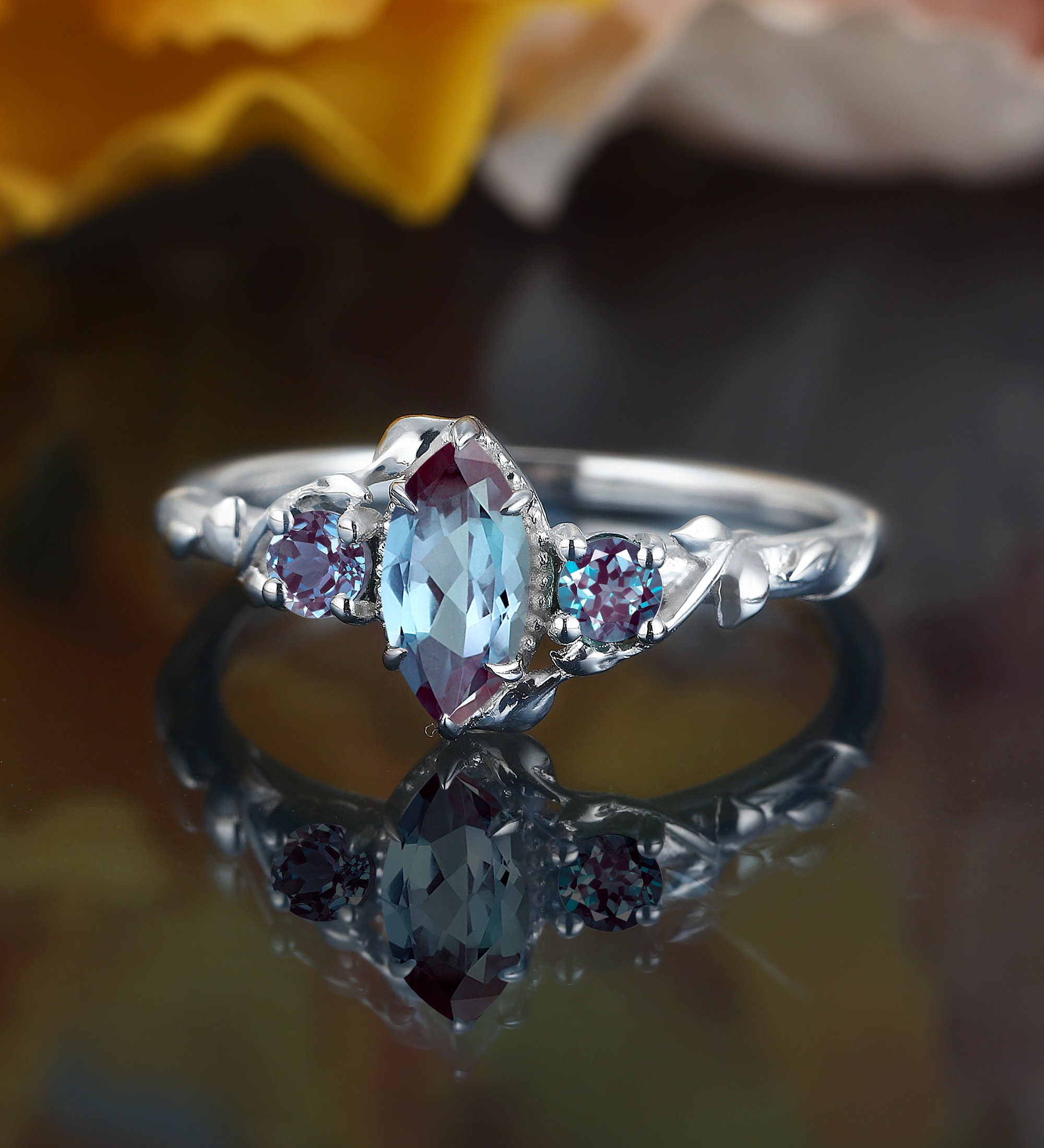 Marquise Cut Lab Alexandrite Ring, Unique White Gold Engagement Ring ...