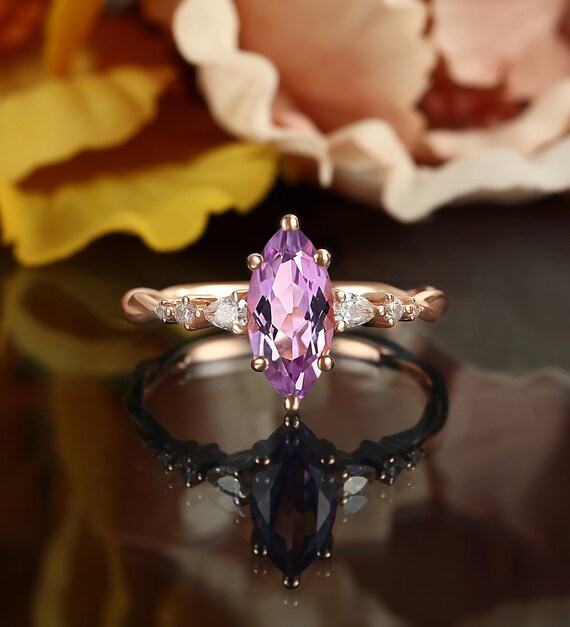 Marquise Amethyst Vintage Ring - 925 Sterling Silver Spiral Side Boho Chic Jewelry For Women (US Size 5-9) - View #11