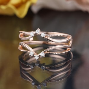 Double Curved Enhancer Guard wedding band, Solid gold stacking ring, moissanite diamond Wrap Band wedding ring,  Jacket matching Band women