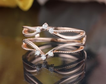 Double Curved Enhancer Guard wedding band, Solid gold stacking ring, moissanite diamond Wrap Band wedding ring,  Jacket matching Band women