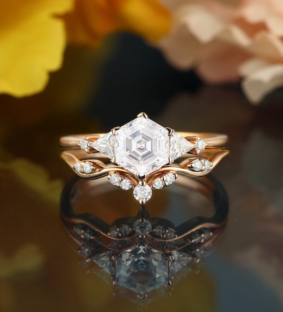 Hexagon Cut Moissanite Engagement Ring, Art Deco Rose Gold Bridal