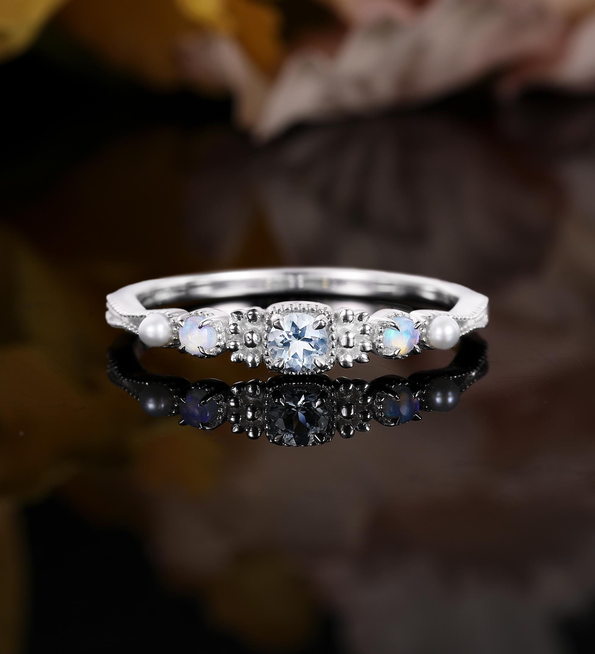 Aquamarine white gold engagement ring Milgrain opal anniversary ring Unique pearl bridal ring promise wedding ring Personalized gift for her