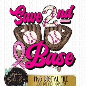 Peut inclure: Illustration aquarelle rose et marron d'un gant de baseball avec une balle de baseball à l'intérieur, un ruban rose, une batte de baseball et le texte "Save 2nd Base".
