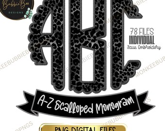 May include: A-Z Scalloped Monogram in a black and white leopard print design. 78 individual faux embroidery files. PNG digital files, 300 DPI high quality.