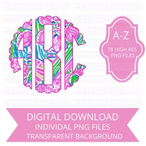 May include: A set of 78 high-resolution digital download PNG files of alphabet letters A through Z. Each letter is a pink, green, and blue floral monogram with a scalloped border. The letters are on a transparent background.  A-Z 78 HIGH RES PNG FILES