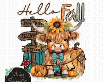 Hello Fall PNG, Highland Cow Png, Fall Digital Png, Cow Png, Fall Png, Cow Sublimation, Hello Fall, Autumn Png, Pumpkin Png, Digital