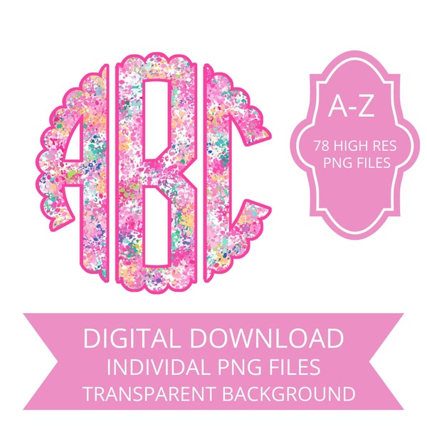 Tropical Watercolor Sprinkles Preppy monogram png, monogram alphabet pack, scallop png, full alphabet, instant, digital download,sublimation