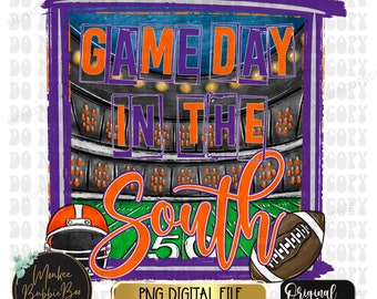 May include: A digital illustration of a football stadium with the text "Game Day in the South" in orange and purple letters. The image includes a football helmet and a football.