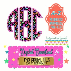 Leopard Summer Preppy Monogram Png, Monogram Alphabet Pack, Scallop Monogram, Full Alphabet, Instant, Digital Download, Leopard, Monograms