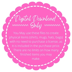 May include: Pink circle with a white dashed border and the text "Digital Download Only". The text below explains that the files can be used to create physical items like shirts, mugs, hats, and bags without needing to purchase a license.
