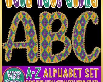 Preppy Mardi Gras Alphabet Set, Faux Lace Alphas, Mardi Gras Alpha Set, Mardi Gras Bundle, Mardi Gras Letters A-Z, Mardi Gras PNG Digitals
