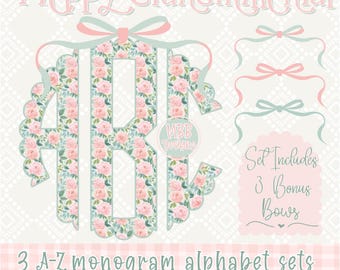 Preppy Floral Monogram Alphabet Set, Preppy Pink Roses Monogram,Monogram Png, Grand Millennial,Digital Download, Floral Monogram A-Z Letters