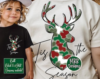 Tis the Season Camo Deer Head PNG, Jagd-Weihnachtsbuck-Geweih, Weihnachtshemd PNG, Südliche Feiertag PNG, Jungen Weihnachten Digital Download