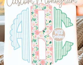 Preppy Floral Pinstripes Monogram, Custom Monogram, Monogram, Preppy, Floral Monogram, Personalized Monogram, Monogram Png, Digital Download