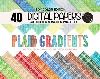 Paquet de papier numérique dégradé à carreaux, Papiers numériques à carreaux, Couleurs garçon, Motifs CMJN imprimables preppy, Scrapbooking numérique, Téléchargement numérique