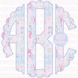 May include: A monogram design featuring the letters ARB in a light blue scalloped frame. The letters are filled with a patchwork of pink, blue, and floral patterns. The design includes bows and the text "MBB Designs".