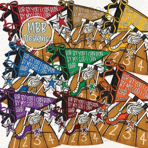 May include: A collection of colorful pennant flags with the text "FOR BY YOU I CAN RUN BY MY GOD I CAN LEAP" and Psalm 18:29. Each flag has a different color, star accents, and a track and field theme.