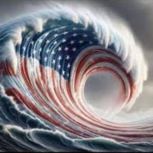 May include: A large wave crashing, with the colours and design of the American flag. The wave is a powerful symbol of strength and patriotism.