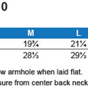 May include: A size chart for a t-shirt showing chest and body length measurements in inches for sizes XS to 3XL.