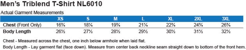 May include: A size chart for a t-shirt showing chest and body length measurements in inches for sizes XS to 3XL.