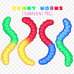 May include: Colorful gummy worms in green, yellow, red, and blue. The image includes the text "GUMMY WORMS (TRANSPARENT PNG)" in a playful font. The worms are depicted with a transparent background, suggesting they can be easily integrated into various designs.