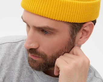 Yellow Wool Fisherman Beanie - Knit Docker Cap